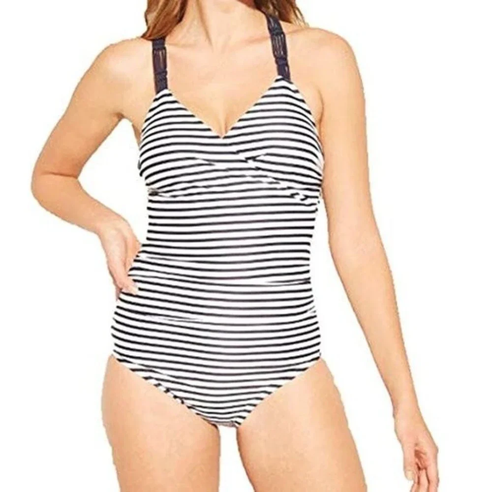 Kona Sol One Piece Shirred Navy Blue Stripe Swimsuit Small NWOT